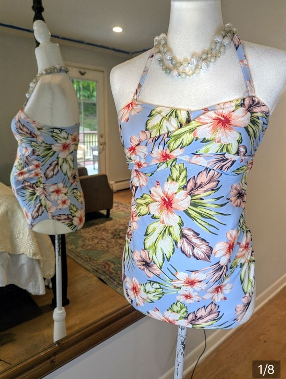 Light Blue Floral Halter One-Piece Maternity Swimwear